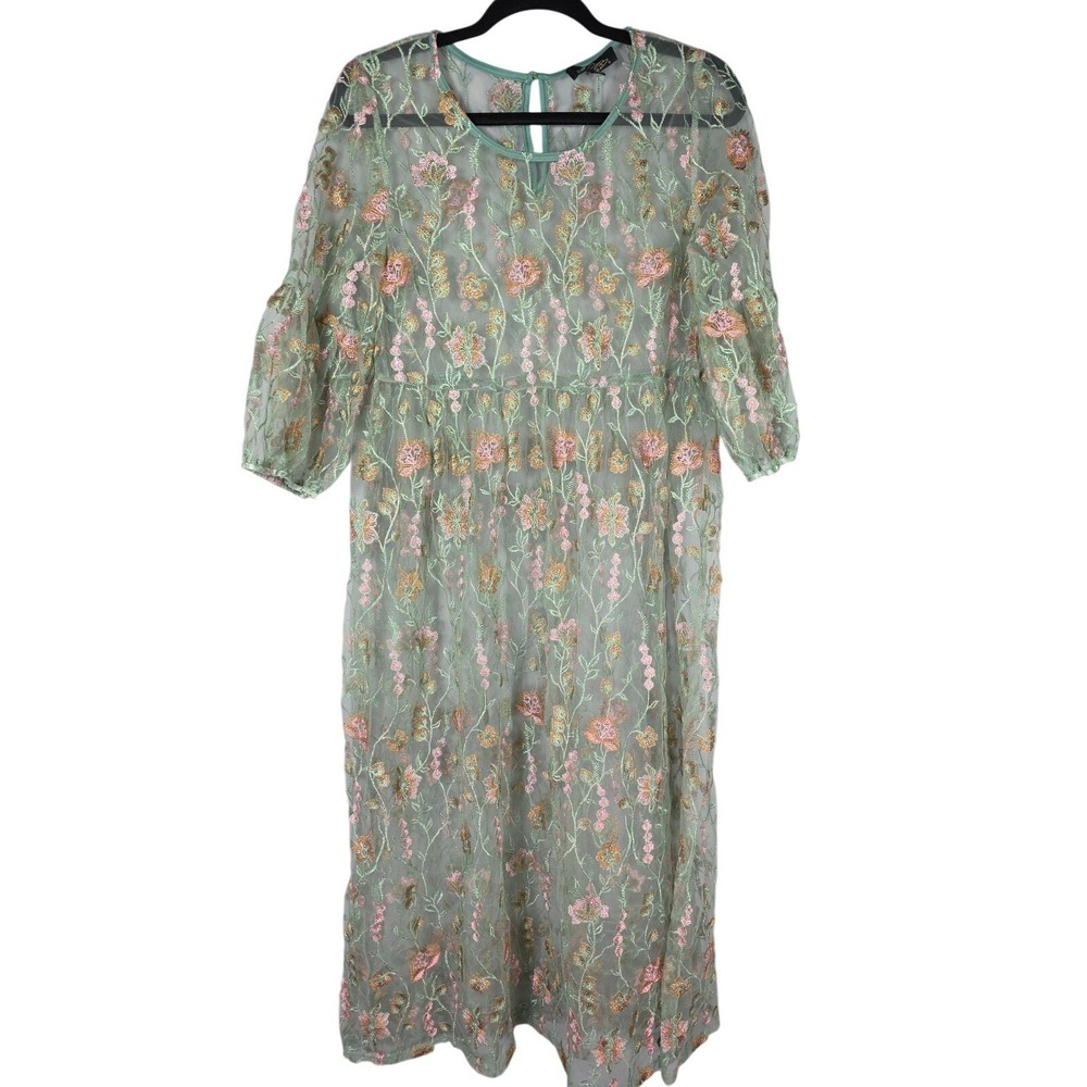 Large Suzanne Betro Green Floral Embroidered Sheer Maxi‎ Dress Fairy Festival L